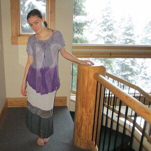 Kusnadi Rayon Ramie Gray & Brown Skirt w/Advance Apparels Short Sleeve Top